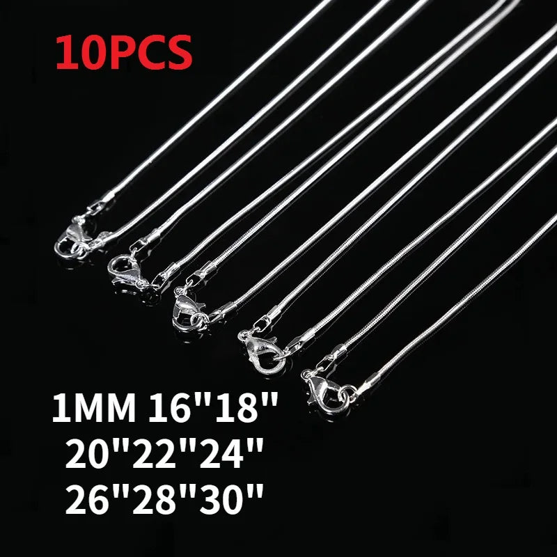 Hot 10pcs/Lot 16/18/20/22/24/26/28/30 Inch 1.2mm Snake Chain Necklace Silver Color For Woman Man Fashion Jewelry