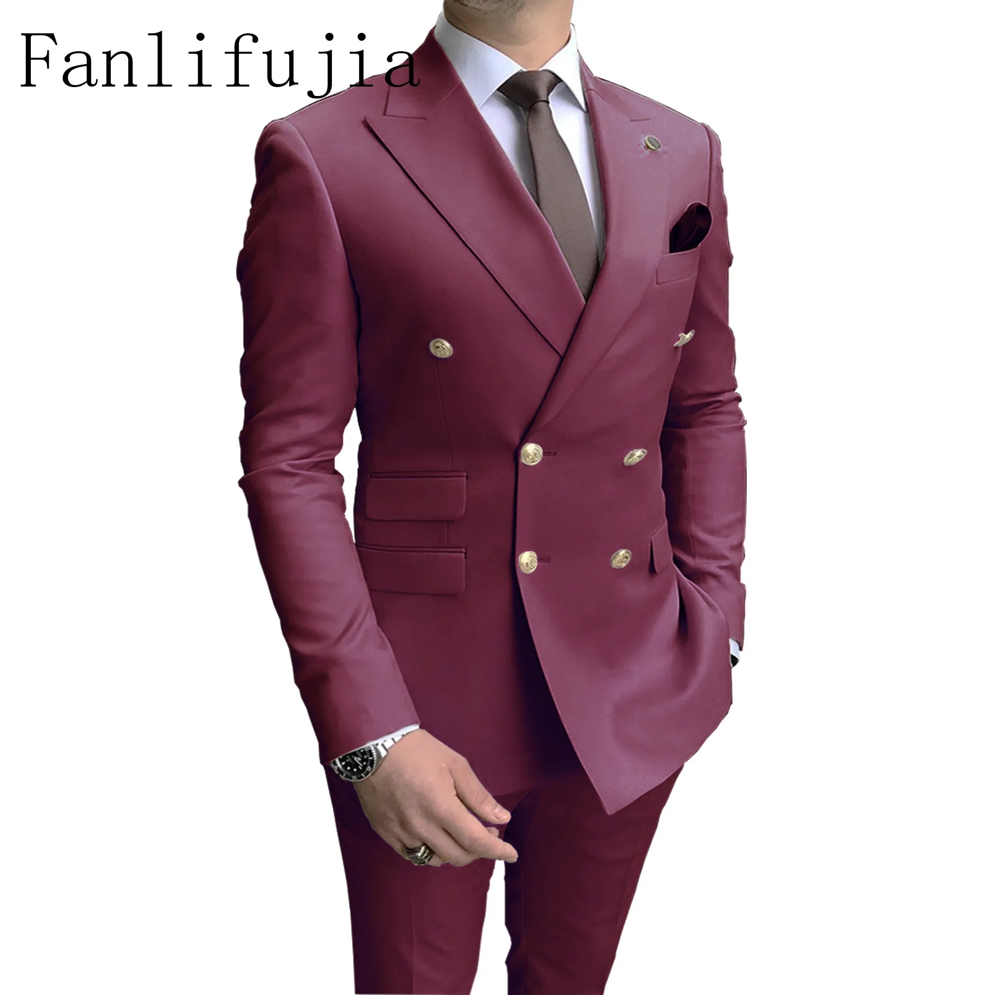 Fanlifujia Store 2024 Casual Sky Blue Men Suits Double Brested Peak Lapel  Gold Button Groom Wedding Tuxedos Best Costume Homme