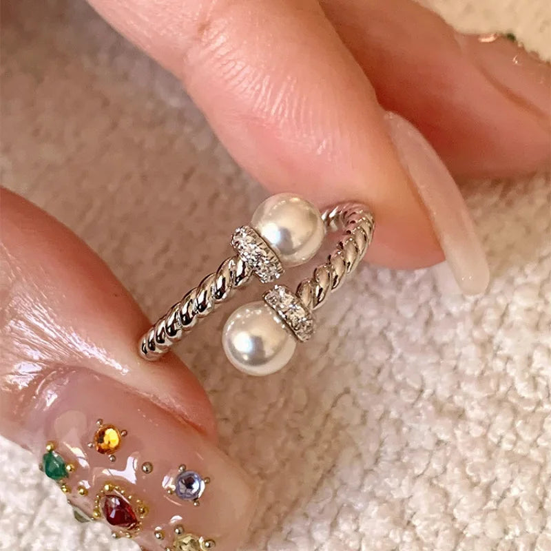 PANJBJ 925 Sterling Silver Pearl Irregular Ring for Women Shell Overlapping Hollow Sweet Design Jewelry Gift Dropshipping