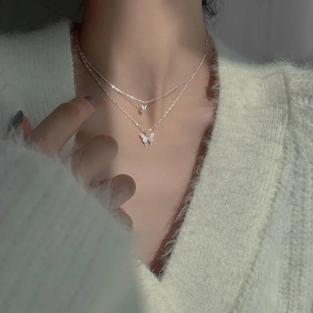 2023 Simple Double Layer Star Moon Charm  Multilayered Necklace Delicate Clavicle Chain Zircon For Women Fashion Jewelry A0459