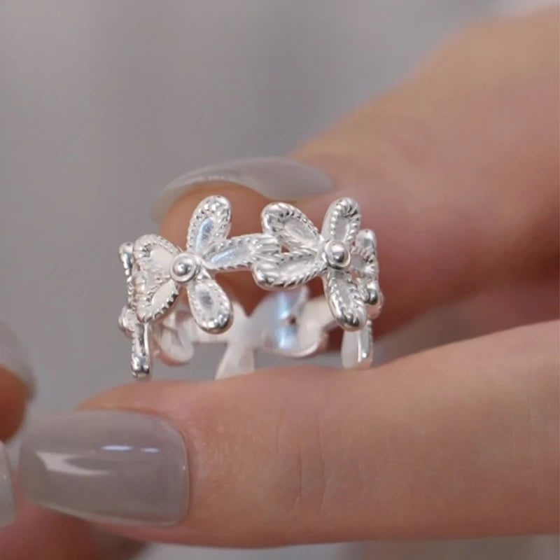 PANJBJ 925 Sterling Silver Pearl Irregular Ring for Women Shell Overlapping Hollow Sweet Design Jewelry Gift Dropshipping