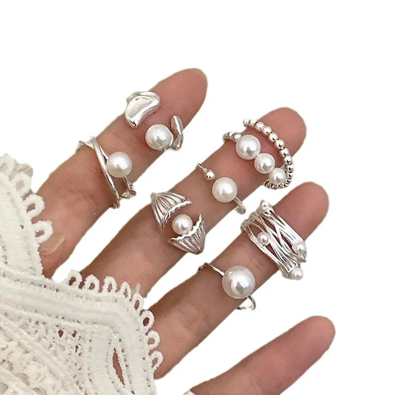 PANJBJ 925 Sterling Silver Pearl Irregular Ring for Women Shell Overlapping Hollow Sweet Design Jewelry Gift Dropshipping