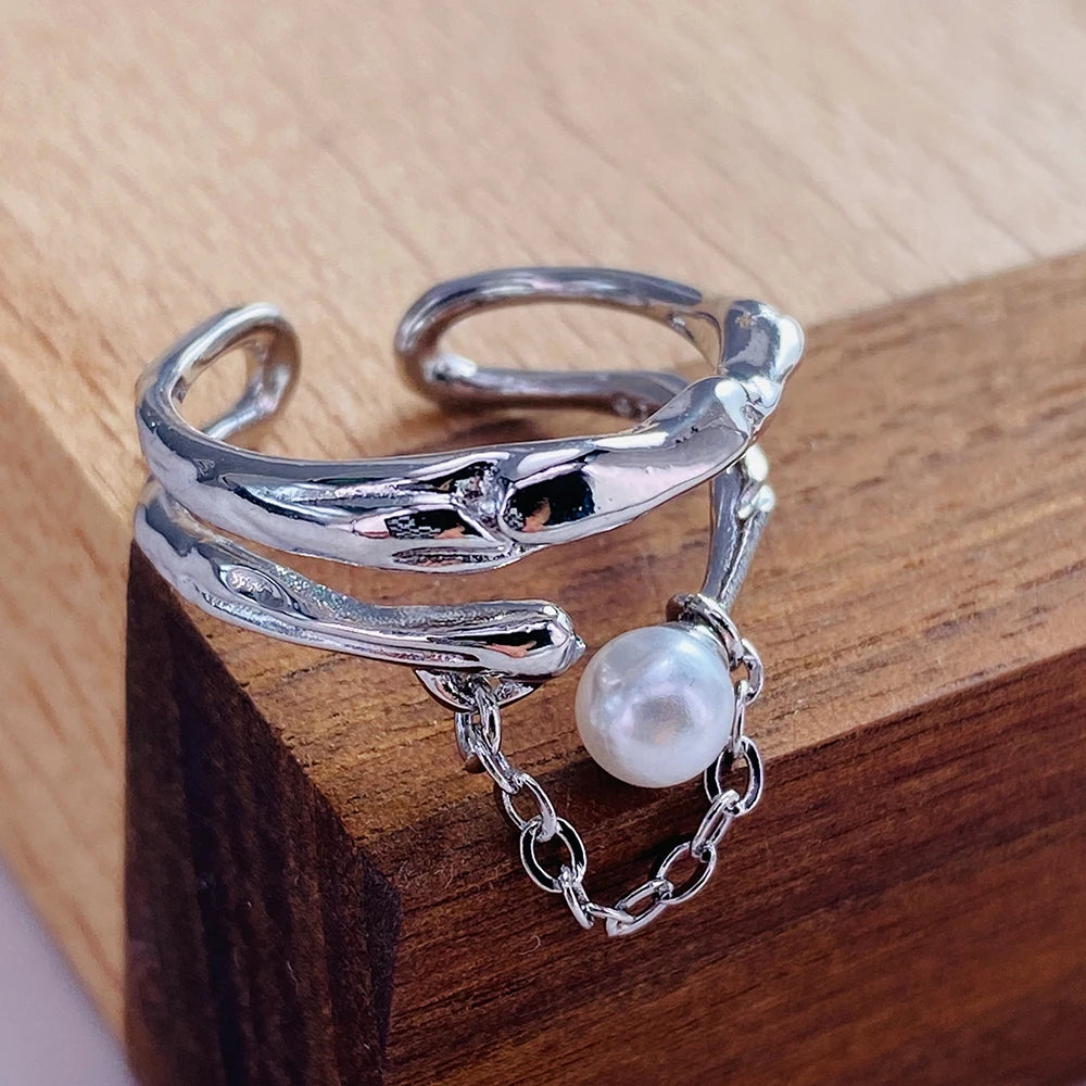 PANJBJ 925 Sterling Silver Pearl Irregular Ring for Women Shell Overlapping Hollow Sweet Design Jewelry Gift Dropshipping