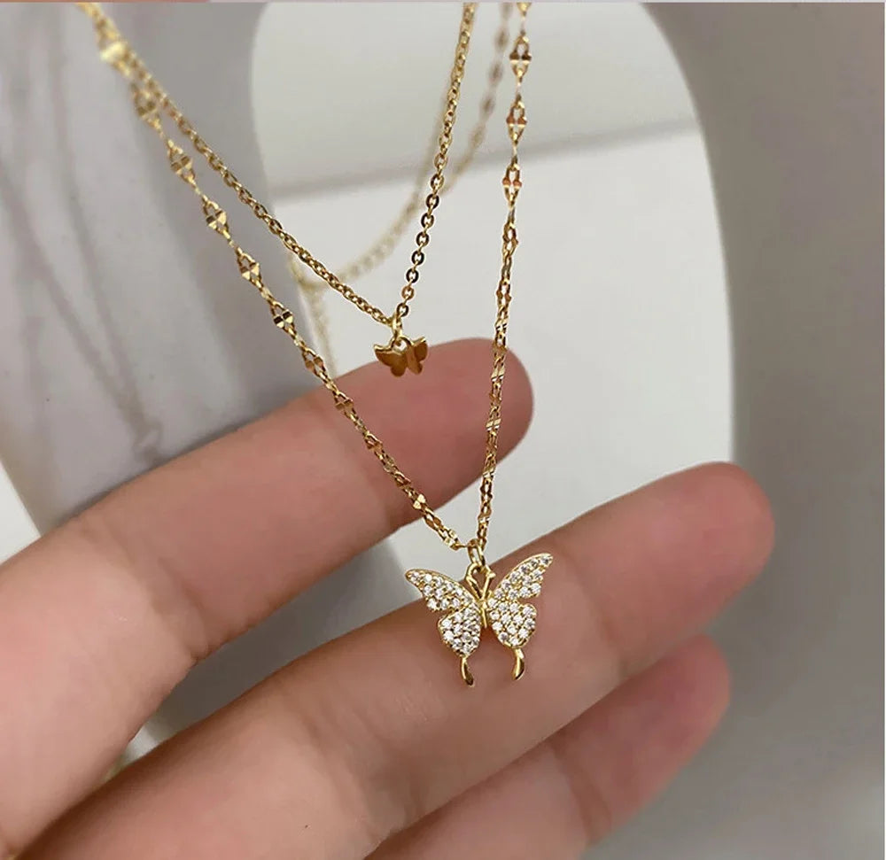 2023 Simple Double Layer Star Moon Charm  Multilayered Necklace Delicate Clavicle Chain Zircon For Women Fashion Jewelry A0459