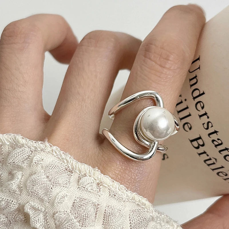 PANJBJ 925 Sterling Silver Pearl Irregular Ring for Women Shell Overlapping Hollow Sweet Design Jewelry Gift Dropshipping
