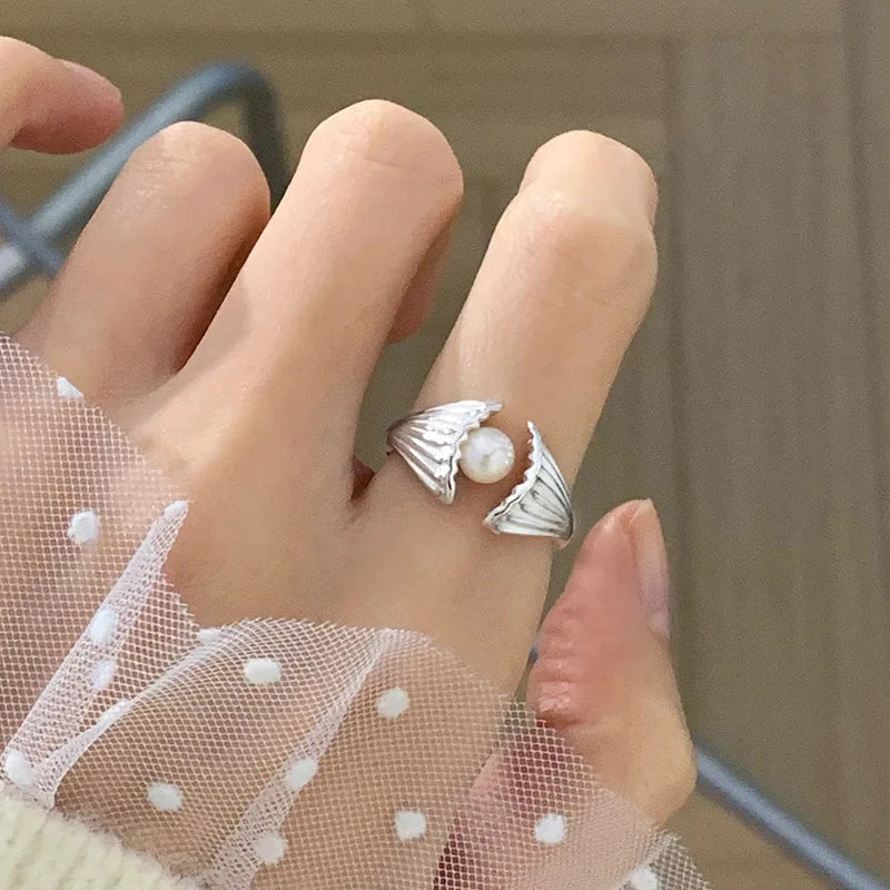PANJBJ 925 Sterling Silver Pearl Irregular Ring for Women Shell Overlapping Hollow Sweet Design Jewelry Gift Dropshipping