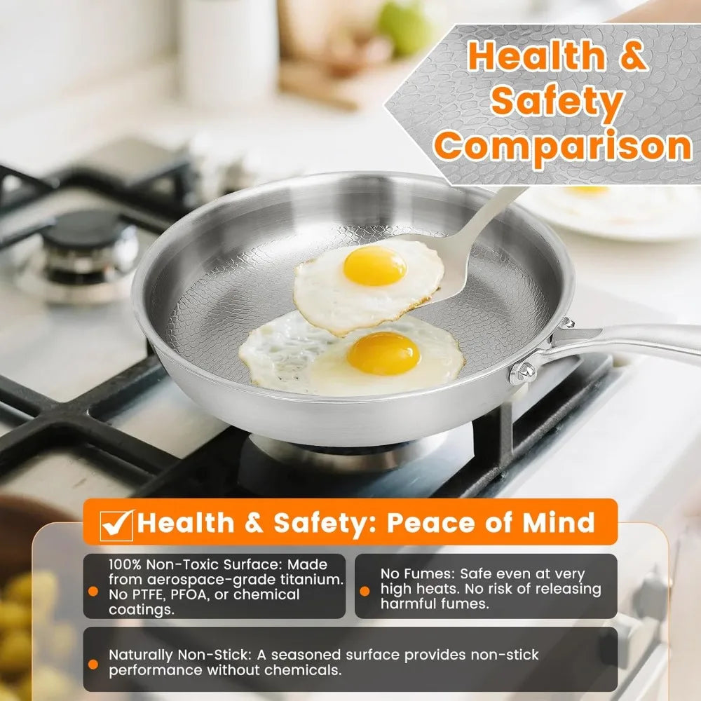 Titanium Steel Frying Pan， Non Stick Pan with Lid Titanium Alloy Cooking Pot Uncoated Fish Scale Hammer Pattern Kitchen Cookware